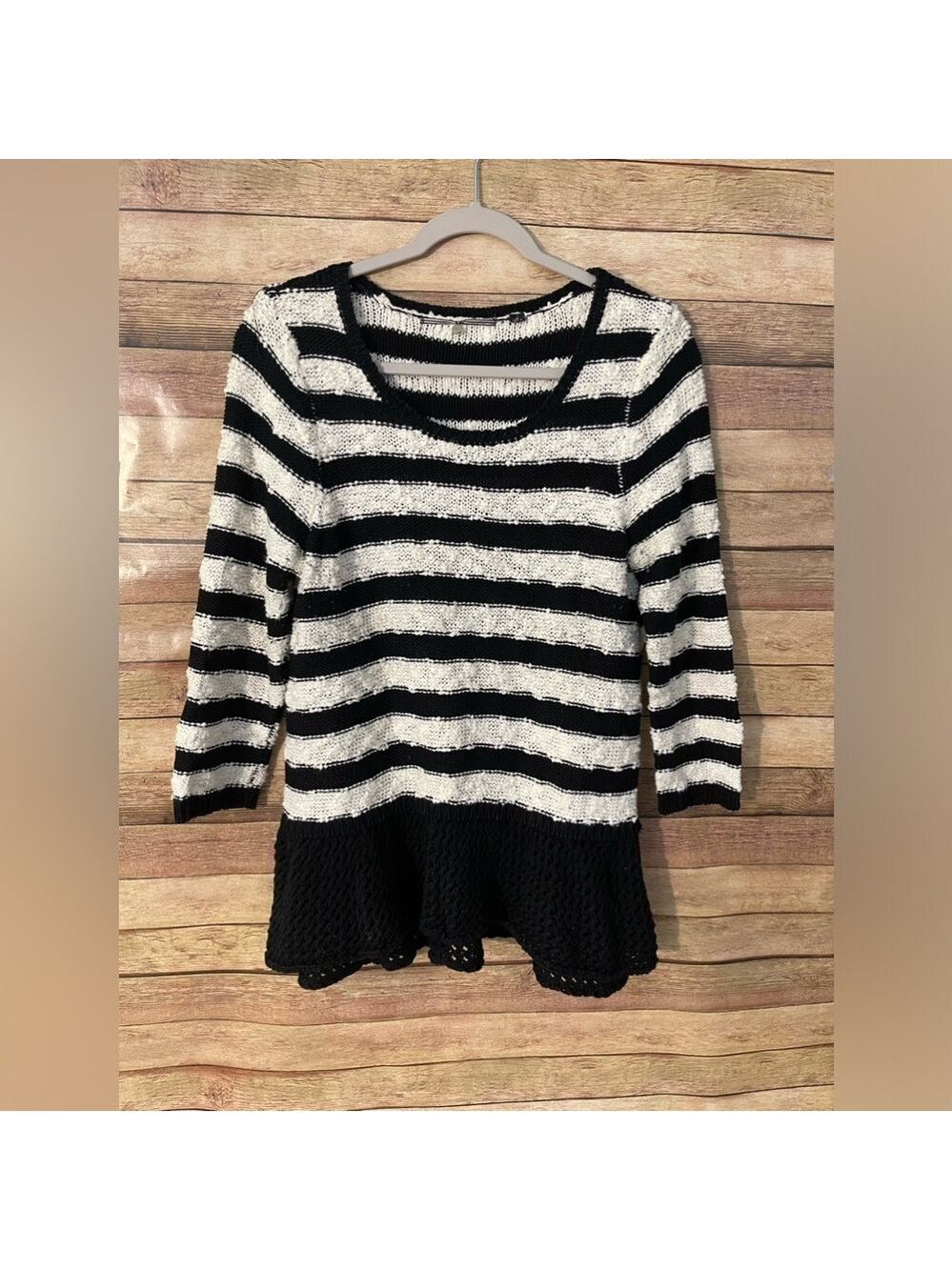 Knitted & Knotted Anthropologie Peplum Sweater Black White Stripes Size: Medium